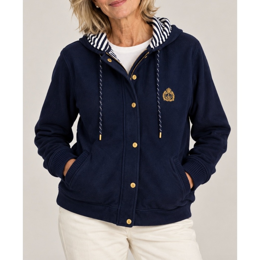 NEW Ralph Lauren Women Navy Blue Full Zip Hoodie Stripe Vintage Gold Crest S